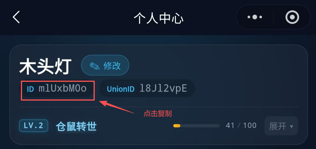 在海斗小助手个人中心点击 ID 复制完整 OpenID
